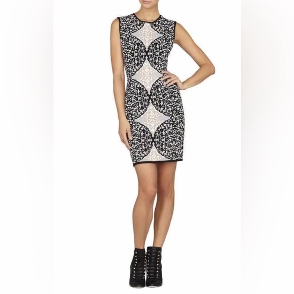 BCBGMaxAzria‎ Jose Jacquard body-con Printed Dress, cream,black,beige size XS - Picture 1 of 5